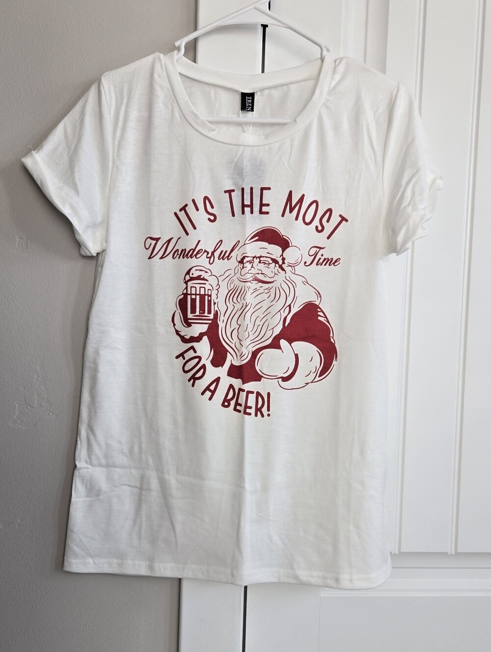 White Graphic Short Sleeve Tee with Red Santa Beer Print